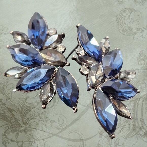 Retro Fancy Rhinestone Stud Earrings Woman's Drops Crystal Blue Cluster Dangle B - Picture 5 of 10